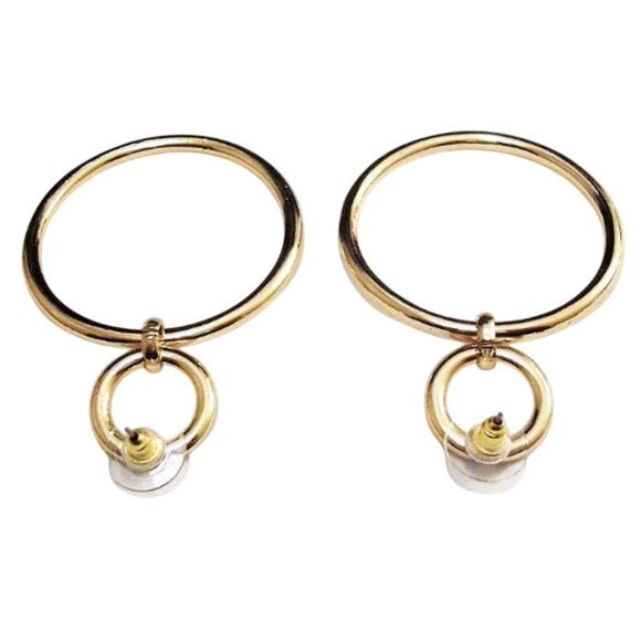 Double Thick Ring Hoop Pierced Post Stud Gold Tone - Picture 2 of 4